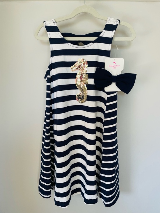 Tommy Bahama Other - Tommy Bahama Navy & White Striped Girls Dress W Gold Sequin Seahorse & Hair Bow